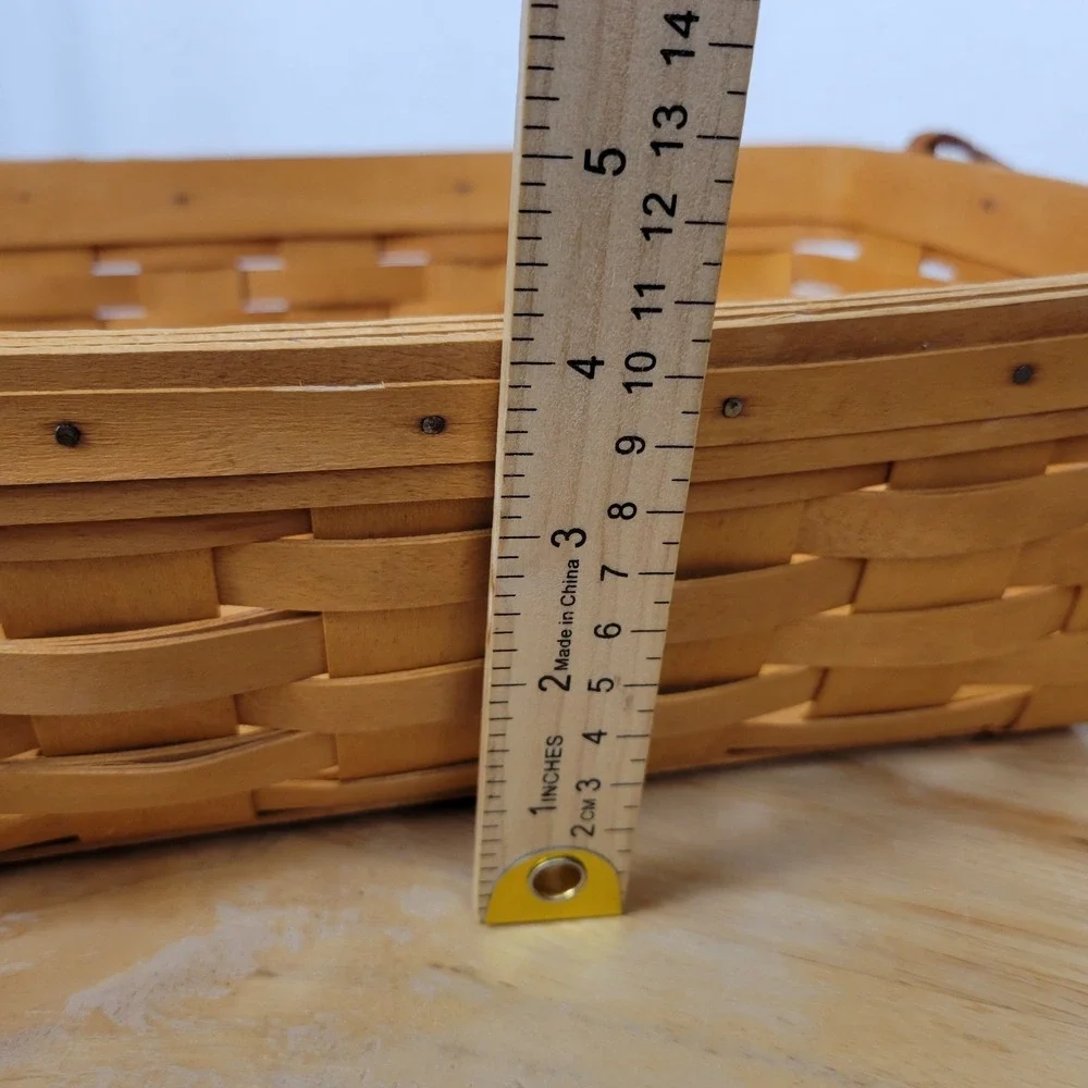 Vintge Longaberger Handwoven Wood Splint Storage Basket Leather Handles 2001 WC6